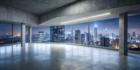 Poster - A spacious concrete room with expansive windows offering a breathtaking panoramic view of the city skyline at night, illuminated by twinkling lights.