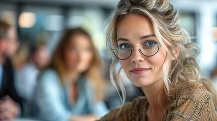 Aufkleber - A woman in a meeting at a modern office, engaging in discussion with colleagues, symbolizing collaboration.