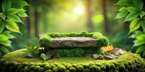 Poster - A mossy stone platform in a lush forest with soft sunlight filtering through the leaves.