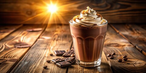 Poster - A Glass of Creamy Chocolate Drink with Whipped Cream and Chocolate Pieces on a Wooden Table with a Sunbeam in the Background