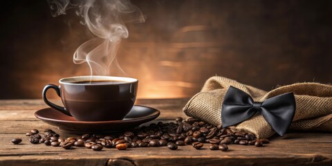 Sticker - A steaming cup of coffee and a burlap sack with a black bow tie on a rustic wooden surface, surrounded by coffee beans