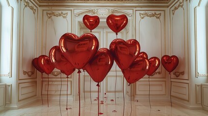 Poster - A room with white and gold walls. filled with red foil heart shaped balloons.