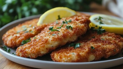 Sticker - Crispy fried fish fillets served with fresh lemon slices and herbs on a wooden table