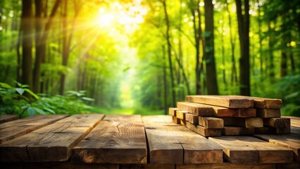 Poster - Wooden planks on a table with a blurred background of a bright sunny forest path