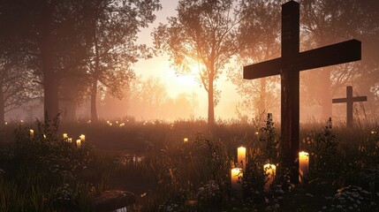 Wall Mural - Serene Graveyard at Dusk with Crosses and Flickering Candles Surrounded by Lush Greenery and Soft Mist Evoking a Peaceful Atmosphere of Remembrance and Reflection