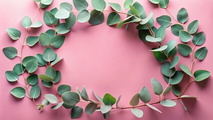 Fototapete - A circular arrangement of eucalyptus leaves on a soft pink background creates a simple yet elegant natural border.