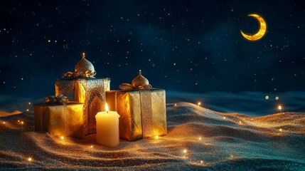 Poster - A serene night scene with glowing candles, ornate gifts, and a crescent moon, evoking a magical atmosphere of celebration and peace.