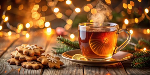 Poster - Warm Festive Tea with Steaming Cup and Gingerbread Cookies on Rustic Wooden Tabletop with Twinkling Lights in the Background