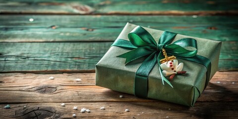 Aufkleber - A beautifully wrapped gift box with a festive green ribbon and a charming snowman ornament on a rustic wooden surface