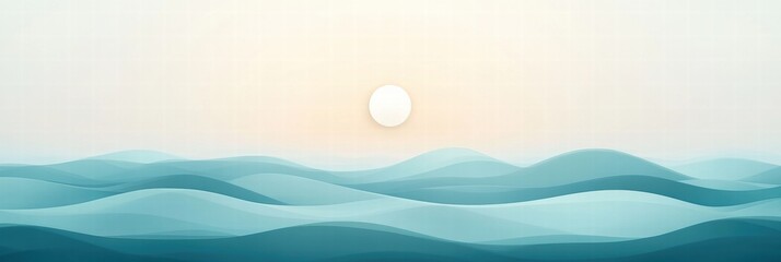 Poster - Stylized sun over soft waves on a serene horizon with space for text. Generative AI