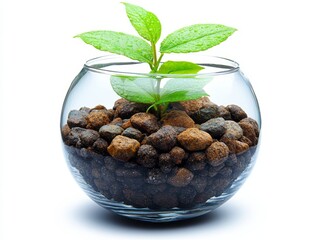 Wall Mural - A small glass bowl containing pebbles and a green plant sprouting from the center.