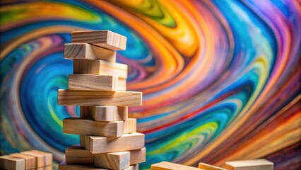 Poster - A tower of wooden blocks against a swirling abstract background, symbolizing balance, risk, and strategic decision making.