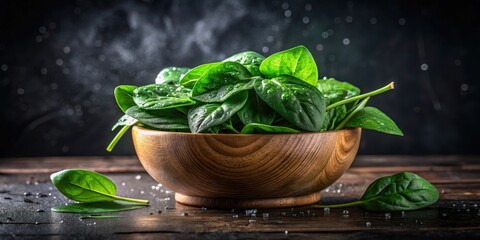 Poster - Freshly Washed Spinach in a Wooden Bowl with Water Droplets on a Rustic Wooden Table