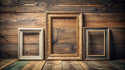Poster - Three empty picture frames of different sizes, with gold and silver accents, rest against a rustic wooden background.