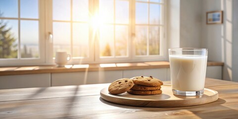 Poster - A glass of milk and a stack of cookies sit on a wooden table with sunlight streaming through a window in the background.