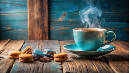 Aufkleber - Aromatic Steam Rising From a Blue Cup of Coffee Accompanied by Delicate Macarons on a Rustic Wooden Table