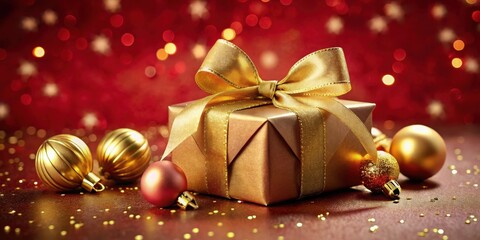 Poster - A golden gift box tied with a luxurious ribbon sits on a red surface surrounded by shimmering baubles and sparkling confetti.