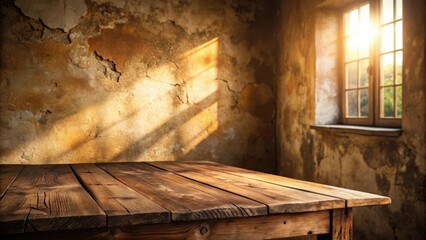 Aufkleber - Rustic wooden table with a backdrop of a weathered wall illuminated by sunlight streaming through a window