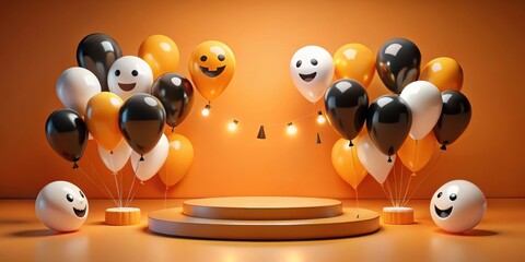 Poster - Halloween Festive Background with Balloons and a Circular Podium for Product Display