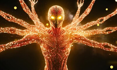 Wall Mural - Glowing humanoid figure with multiple arms outstretched against a dark, sparkling background.