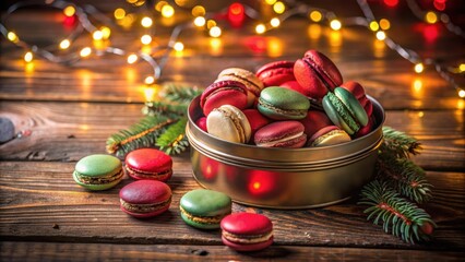 Poster - Colorful Macarons in a Festive Tin Box with Christmas Lights and Pine Branches on a Wooden Table