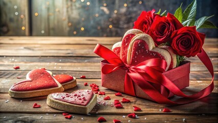 Poster - A red box filled with heart-shaped cookies and tied with a ribbon, accompanied by red roses, resting on a rustic wooden surface, adorned with scattered red hearts and sprinkles.