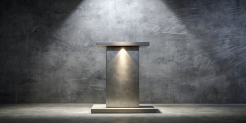 Poster - A minimal and modern podium made of metal with a light source shining down on it in a simple industrial space.
