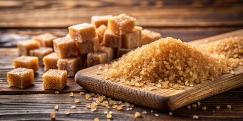 Poster - A close-up of brown sugar crystals and cubes on a wooden surface, showcasing the natural sweetness and texture of this versatile ingredient.