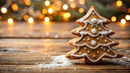 Poster - A gingerbread Christmas tree with white icing and sugar sprinkles on a wooden surface with warm bokeh lights in the background