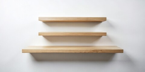 Poster - Three empty wooden shelves mounted on a white wall, offering a minimalist display surface for various items.