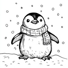 Penguin in Winter Wonderland: A charming hand-drawn illustration of a penguin bundled up in a cozy scarf, standing amidst falling snowflakes in a winter wonderland.