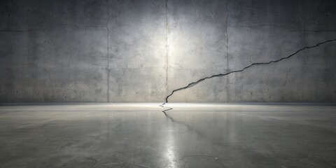 Poster - A large crack stretches across a weathered concrete wall in a minimalist concrete room, casting a long, sharp shadow on the polished floor.
