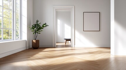 Wall Mural - Bright Room Open Door Herringbone Floor - Sunlight streams into a minimalist room with an open door, highlighting a herringbone wood floor.  Clean lines, modern design, and tranquility are key concept