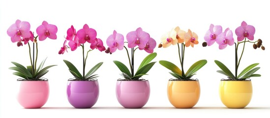 Poster - Five vibrant orchid plants in colorful pots arranged on a white background ideal for floral designs and text overlay use.