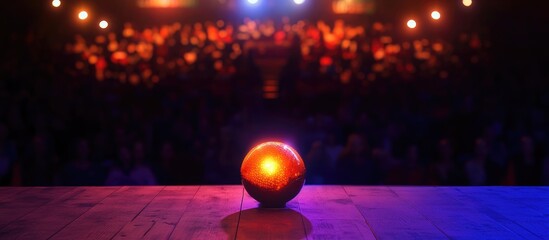 Poster - Disco ball shimmering on stage with blurred audience and ample space for text in vibrant lighting atmosphere