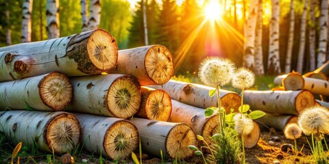 Poster - Golden Hour Light Bathes Stacked Birch Logs In A Forest Clearing, Dandelions Blooming In The Foreground