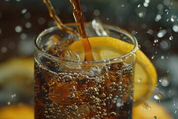 A cold carbonated soft drink with ice cubes and a slice of lemon, bubbling as it's poured into the glass.