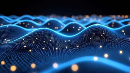 Fototapete - Blue Glowing Data Waves Particle Background Abstract Design