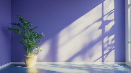 Wall Mural - Contemporary living room corner featuring purple walls, natural light, and a decorative plant in a stylish pot.