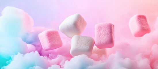Poster - colorful marshmallows floating in air above soft clouds with pastel background for creative design a