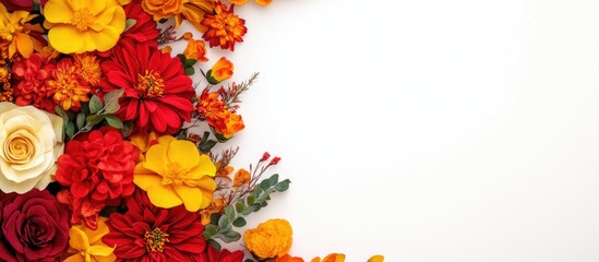 Poster - Colorful Floral Composition Featuring Red and Yellow Blooms on White Background Ideal for Text Overlay and Creative Designs