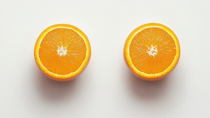 Poster - Two fresh orange halves arranged symmetrically on a clean white background showcasing their vibrant color and juicy texture.