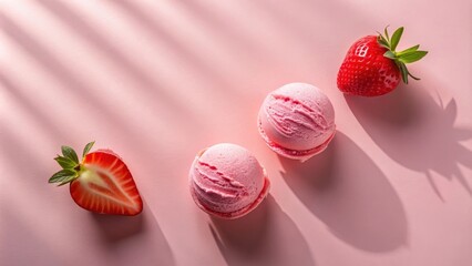 Poster - A sweet summer treat with scoops of pink ice cream and ripe red strawberries, illuminated by warm sunlight.
