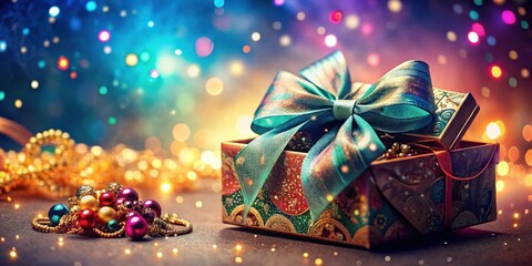 Poster - A Glittering Gift Box With A Teal Bow Surrounded By Festive Lights And Sparkling Beads