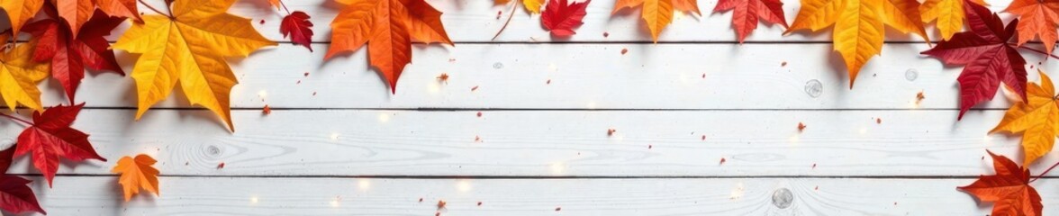 Wall Mural - Rustic white wood backdrop, autumn leaves border, fall decor , holiday, autumn leaves