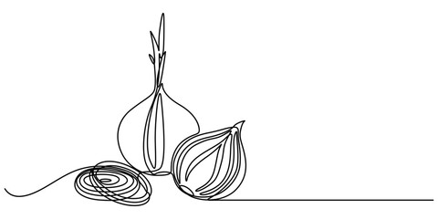 Aufkleber - Two bulbs of onions. Harvest. Continuous line drawing. Vector illustration, Continuous one line drawing of onion for grocery store. One line drawing illustration of red onion vegetable. Raw vegetable.