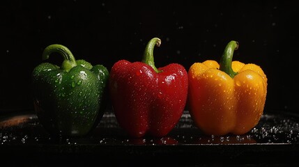Poster - Assorted colorful peppers with water droplets in a dark studio setting showcasing fresh vegetables and vibrant colors