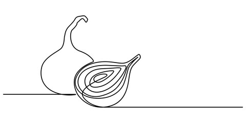 Aufkleber - Two bulbs of onions. Harvest. Continuous line drawing. Vector illustration, Continuous one line drawing of onion for grocery store. One line drawing illustration of red onion vegetable. Raw vegetable.