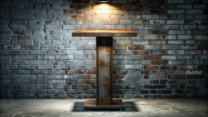 Poster - Rustic wooden tabletop on a rusted metal base against a brick wall with a spotlight above