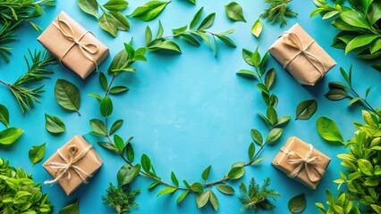 Poster - A circular arrangement of fresh green leaves and branches on a light blue surface, framing four natural brown gift boxes with twine bows.